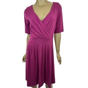 Lands' End Size 6-8 Short Sleeve Rose Red Dress Fit & Flare Cotton Blend V-Neck